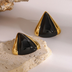 <b>Black</b> Triangular <b>Stud</b> <b>Earrings</b> 18k Gold Plated Stainless Steel Geometric Design Fashion Jewelry For Women - Product Image 2