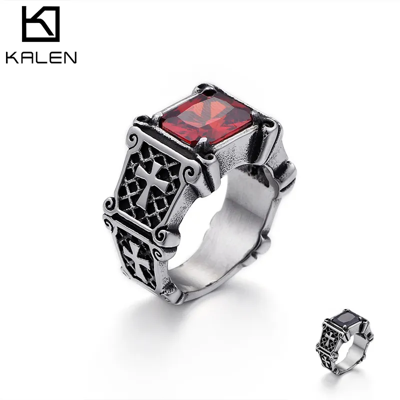 KALEN-anillo Punk de acero inoxidable, cruz de piedra roja y negra, para motorista
