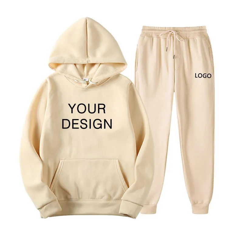 Couleur unie hiver coton sweats à capuche pull hommes 2 pièces ensembles Jogging sweats survêtement ensembles avec Logo personnalisé