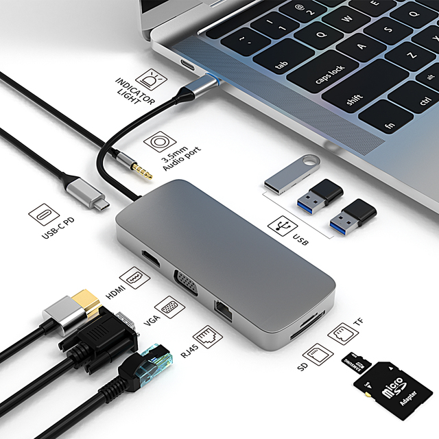 10 Port Laptop Docking Station Type C to HD-MI USB3.0 USB2.0 S-D/TF RJ45 VGA Audio3.5mm USB C Pd Hub Audio Frequency