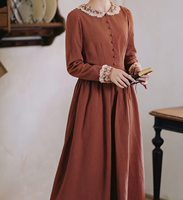 Robe longue décontractée vintage en lin 100% pur 270 g/m² pour femme, à manches longues, col Peter Pan en dentelle, coupe trapèze unie