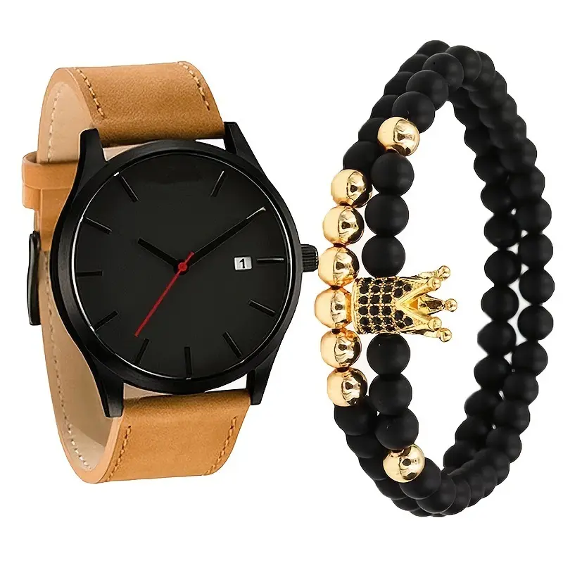 3pcs/set Men's Fashion Simple Business Mesh Belt Quartz Watch With 2 Bracelet Set Gift For Father And Boyfriend