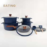 Ensemble de 15 ustensiles de cuisine en aluminium et granit, revêtement antiadhésif PTFE, compatible avec les cuisinières à gaz, couvercles en verre, passe au lave-vaisselle