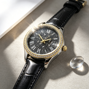 <span class=keywords><strong>Montre</strong></span> pour <span class=keywords><strong>femme</strong></span> en <span class=keywords><strong>gros</strong></span> avec cadran à motif craquelé, chiffres romains et <span class=keywords><strong>bracelet</strong></span> en <span class=keywords><strong>cuir</strong></span> grain de bambou, idéale pour les cadeaux d'entreprise et les détaillants - Product Image 3