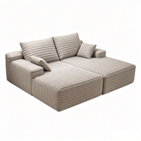 Canapé d'angle en velours côtelé beige, double chaise longue, convertible 4-en-1, compressé, sans structure.