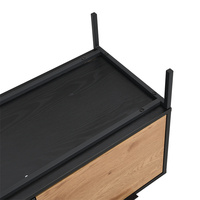 Meuble TV moderne haut de gamme en MDF grain de bois (noir/chêne sauvage) avec pieds en tuyau de fer, rangement et assemblage facile pour salon