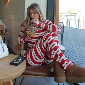 ชุดเซ็ตสองชิ้นลายทางถักนิตติ้งสำหรับผู้หญิง แขนยาว กางเกงขายาวเอวสูงทรงตรง ระบายอากาศได้ดี - Product Image 4