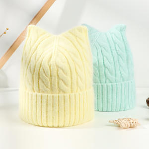 가을 겨울 니트 고양이 귀 모자 소녀 단색 토끼 모피 폴리에스터 통기성 따뜻한 부드러운 패션 겨울 니트 모자 여성용 - Product Image 3