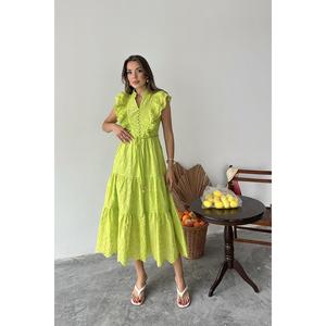 Vestido Verde Oliva con Volantes, Corte en A, Cintura Natural, Tejido Transpirable, Informal, para Uso Diario - Product Image 5