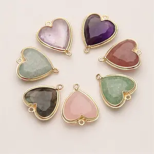 Newest Lovely Gemstone Made Heart Pendant Fashion Gold Bezel Natural Handmade Amethyst Stone Heart Charms