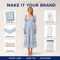 Robe midi personnalisée pour femme, brodée de fleurs, style bohème, coupe trapèze, col carré, bordure en dentelle, manches longues, corsage corset, fabricant OEM ODM