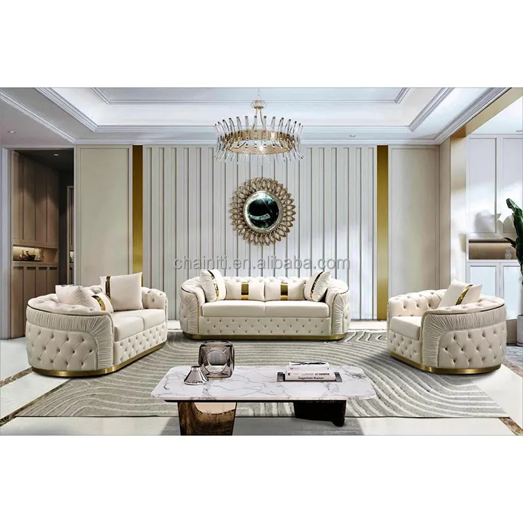 Мебель Chainiti, новый дизайнерский секционный бархатный роскошный набор диванов из золотой нержавеющей стали с мягкой обивкой