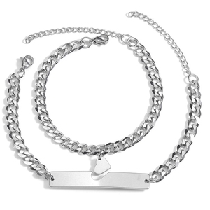 Ensemble de bracelets en acier inoxydable à la mode pour femmes et hommes, cœur creux pour couple, chaîne couleur argent, bijoux, cadeau pour la Saint-Valentin - Product Image 1