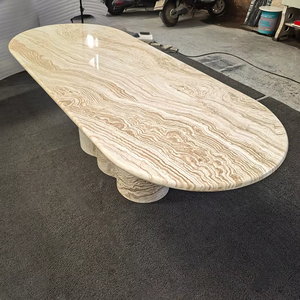 Bàn ăn nhà bếp tròn travertine: bàn ăn bằng đá cẩm thạch có chân - Product Image 6