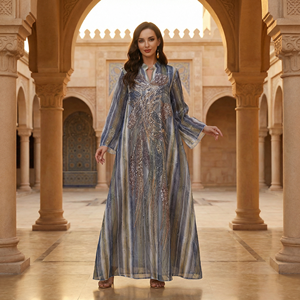 ชุดเดรสยาวพิมพ์ลายประดับลูกปัดสำหรับผู้หญิงมุสลิม ทรงพลิ้วสวยสง่าสำหรับงานกลางคืน ผลิตโดยโรงงาน OEM - Product Image 1
