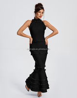 Ocstrade Hochwertige Schwarze Elegante Abendkleider mit Neckholder, Ärmellos, Offenem Rücken, Rüschen und Meerjungfrauen-Silhouette – Eng Anliegende Abendkleider für Damen