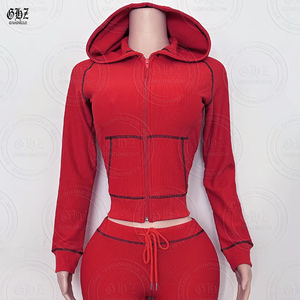 Custom Waffle Basics Mujeres Set Crop Cremallera Sudadera con capucha Chaqueta Pantalones acampanados Mujeres Dos 2 piezas Set - Product Image 2