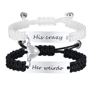 Ensemble de 2 bracelets personnalisés en corde argentée gravée, acier inoxydable 304, logo laser pour couples, bracelet magnétique en forme de cœur pour hommes et femmes, style punk - Product Image 1