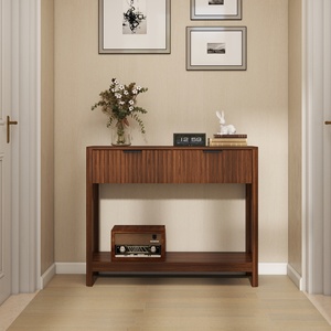 Mid Century Modern Fluted Console <b>Table</b> <b>Walnut</b> Finish 2 Drawers Open Shelf Narrow Entryway Sofa <b>Table</b> - Product Image 4