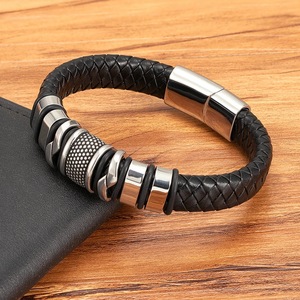 Pulsera de Cuero Trenzado para Hombre, Acero Inoxidable, Baño de Plata Negra, Estilo Clásico, Patrón Geométrico, Regalo - Product Image 3