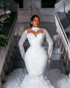 Robes de mariée sirène Aso Ebi arabes blanches avec traîne détachable, manches longues scintillantes, ornées de cristaux, grandes tailles - Product Image 2