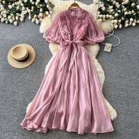 Robe d'été pour femmes à manches bouffantes, style Europe et Amérique, avec appliques, ceinture et volants, idéale pour les vacances et les soirées à la plage