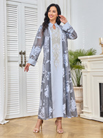 Robe longue maxi en maille florale perlée et pailletée pour femmes musulmanes de Dubaï, à manches longues, Abaya Kaftan modeste, pour mariage et fête, vêtements islamiques