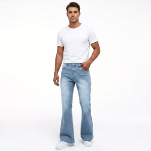 Jean évasé bleu clair pour homme, en denim de coton respirant délavé au sable, taille mi-haute, coupe droite, décontracté, pour le printemps, fabriqué au Bangladesh, couleur unie - Product Image 6