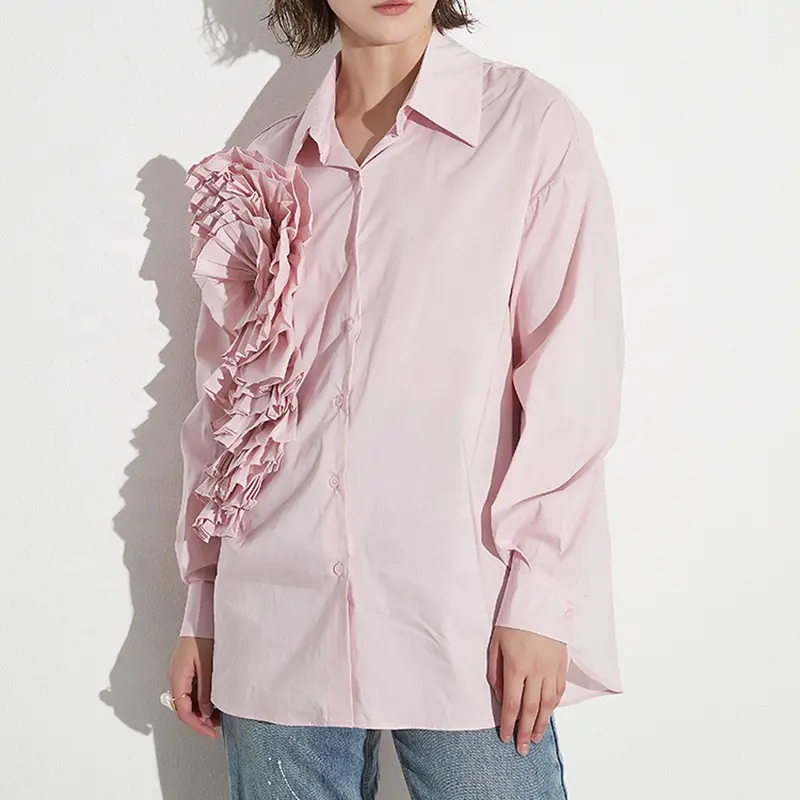 TWOTWINSTYLE all'ingrosso solido Patchwork applique camicia ampia bavero manica lunga camicetta elegante per le donne