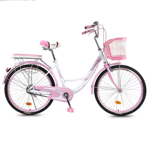 Bicicleta de ciudad de 26 pulgadas para mujer, bici rosa con cesta