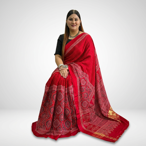 Sari de Seda Modal Ajrakh Hecho a Mano con Estampados Tradicionales, Moda Étnica India, Venta al Por Mayor - Product Image 3