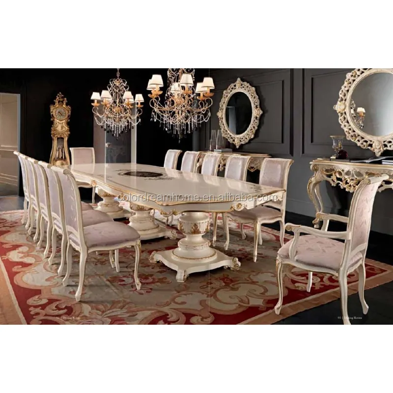 Mesa de comedor larga tallada de madera dura de estilo clásico de lujo, mesa de comedor hecha a medida, muebles de tamaño personalizado