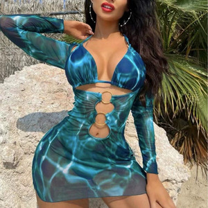 Bikini de tres piezas de manga larga cubierta camisa Sexy multicolor protector <span class=keywords><strong>solar</strong></span> Split traje de <span class=keywords><strong>baño</strong></span> para vacaciones de verano - Product Image 4