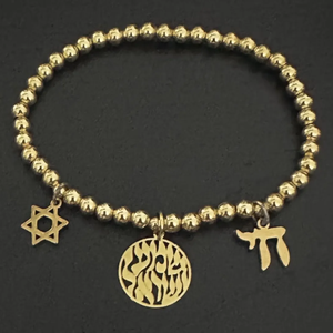 Edelstahl Jüdisches Charm-Armband, Shema Yisrael <span class=keywords><strong>Chai</strong></span> Davidstern, 14K Vergoldet, Wasserfest - Product Image 1