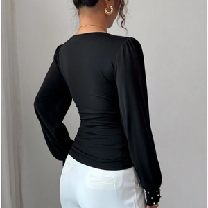 Blus Warna Solid Berhias Mutiara untuk Wanita, Atasan Lengan Panjang Kasual Musim Gugur Musim Dingin - Product Image 3