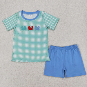 Sibling Matching Mint Gingham <b>Crab</b> Embroidery Eco-Friendly Casual Short Sleeve Summer Outfits - Product Image 4