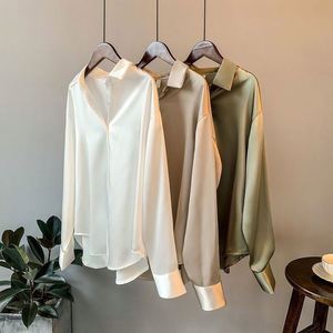 เสื้อเชิ้ตผ้าซาตินทรงหลวมสำหรับผู้หญิง สไตล์หรูหรา ปกคอพับได้ เหมาะสำหรับฤดูใบไม้ผลิและฤดูใบไม้ร่วง ดีไซน์วินเทจลำลอง ติดกระดุม ผ้าไหม - Product Image 6
