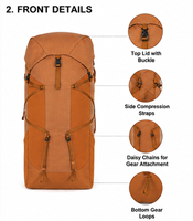 Sac à dos de camping unisexe en nylon Ripstop 50L résistant aux déchirures, sacs de randonnée personnalisés