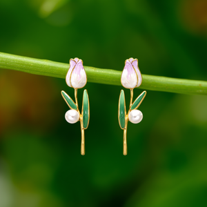 Boucles d'oreilles en forme de tulipe plaquées or, acier inoxydable 316L, avec perle et fleurs en émail, bijoux tendance pour femmes - Product Image 3