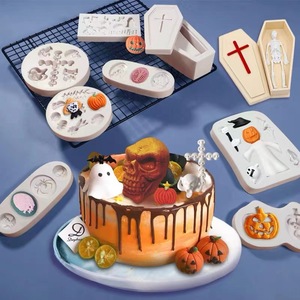 Halloween Silicone Fondant Molds Skulls Pumpkins Ghosts Cake Decorating Baking Supplies Round Shape Light Gray Green Pink - Product Image 1