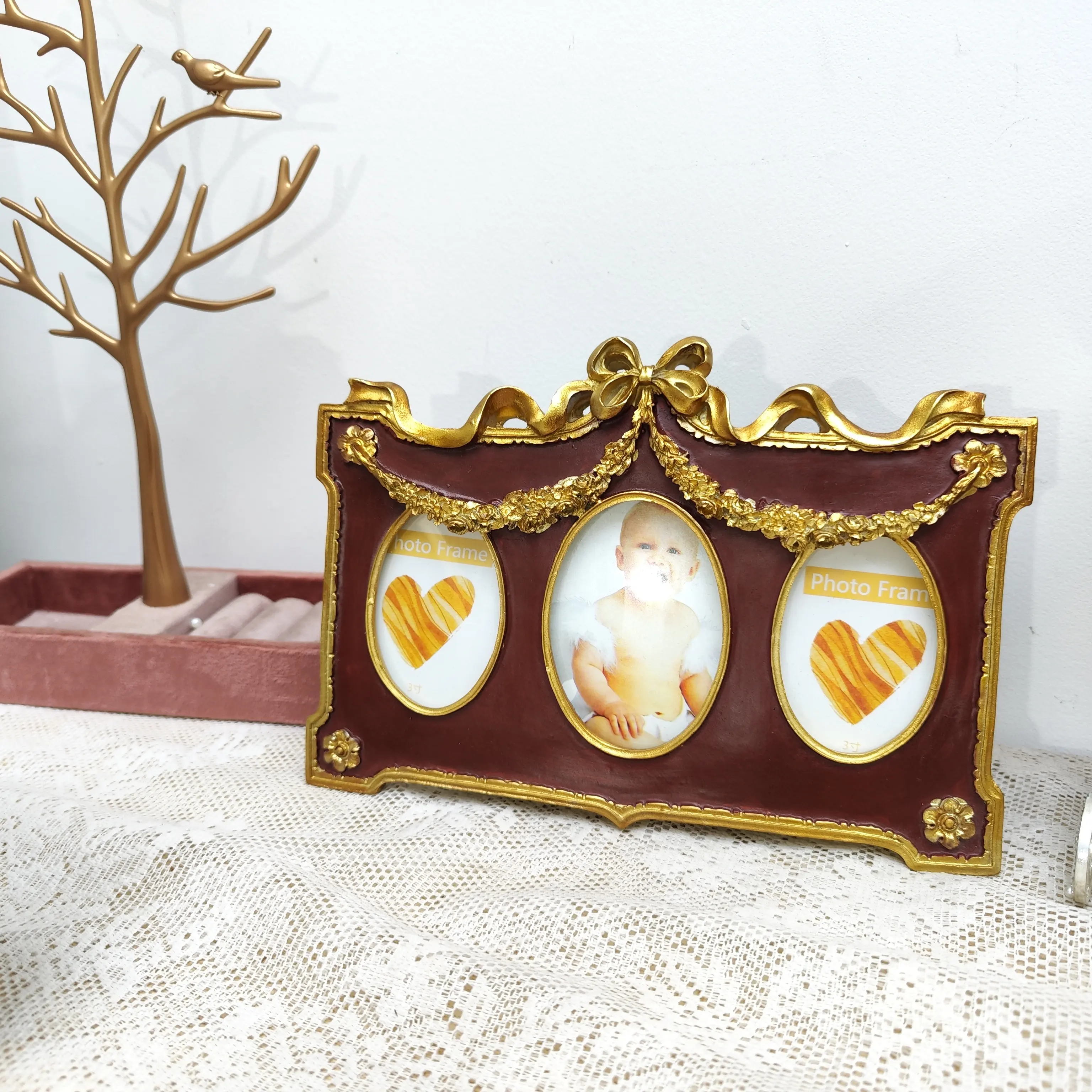 Marco de fotos de resina, marco de fotos de 3 pulgadas y 6 pulgadas con marco de combinación de oro vintage de estilo barroco, decoración del hogar