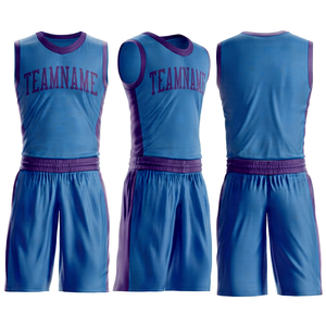 Ensemble d'uniformes de basketball personnalisés pour adultes – Maillot sans manches et short – Tenue d'équipe bleu et violet respirante 100 % polyester pour entraînement et match - Product Image 1