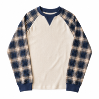 T-shirts thermiques gaufrés à manches raglan à carreaux de haute qualité OEM ODM, T-shirts rétro à manches longues en tricot gaufré avec points en V, vêtements streetwear