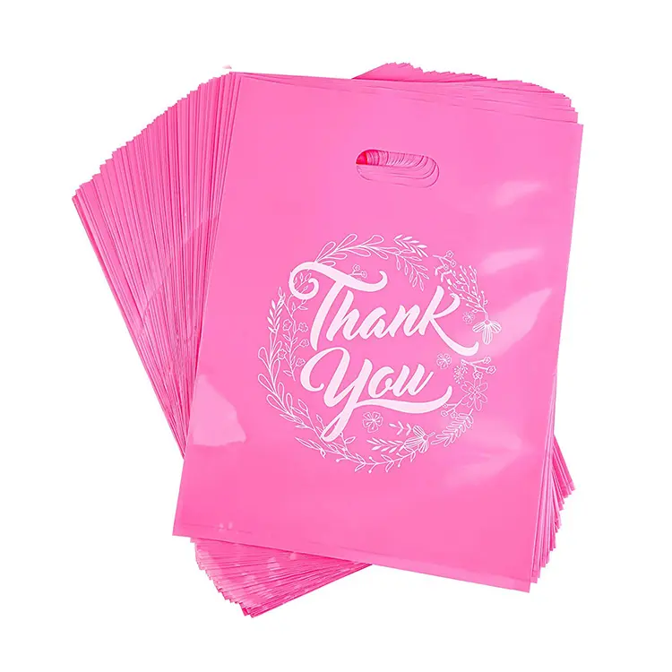 Sacs à provisions recyclables 2 Mil LDPE 12x15 Die Cut Heat Seal Handle Type Gousset Grocery Industrial Use Thank You Logo Pink