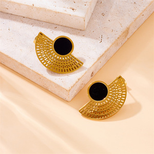 European American Style Gold Plated Stainless Steel Hollow Fan Shape Stud Earrings Geometric Party Jewelry E5855 - Product Image 3