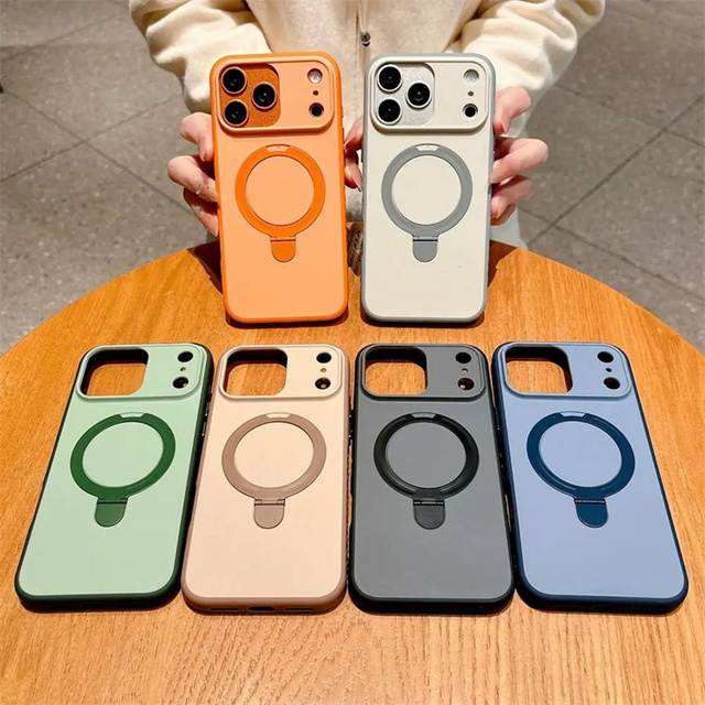 Luxury Magnetic Metal Ring Stand Phone Case for iPhone 17 Pro Max 16 Pro 15 Plus 14 13 Lens Protective Non-slip PC Hard Cover