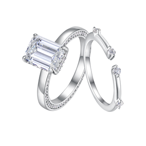Chic <b>Emerald</b> Cut Moissanite Two Band Crossover <b>Ring</b> S925 <b>Silver</b> Gold Plated Dainty Stackable Open Cuff Engagement Promise - Product Image 1