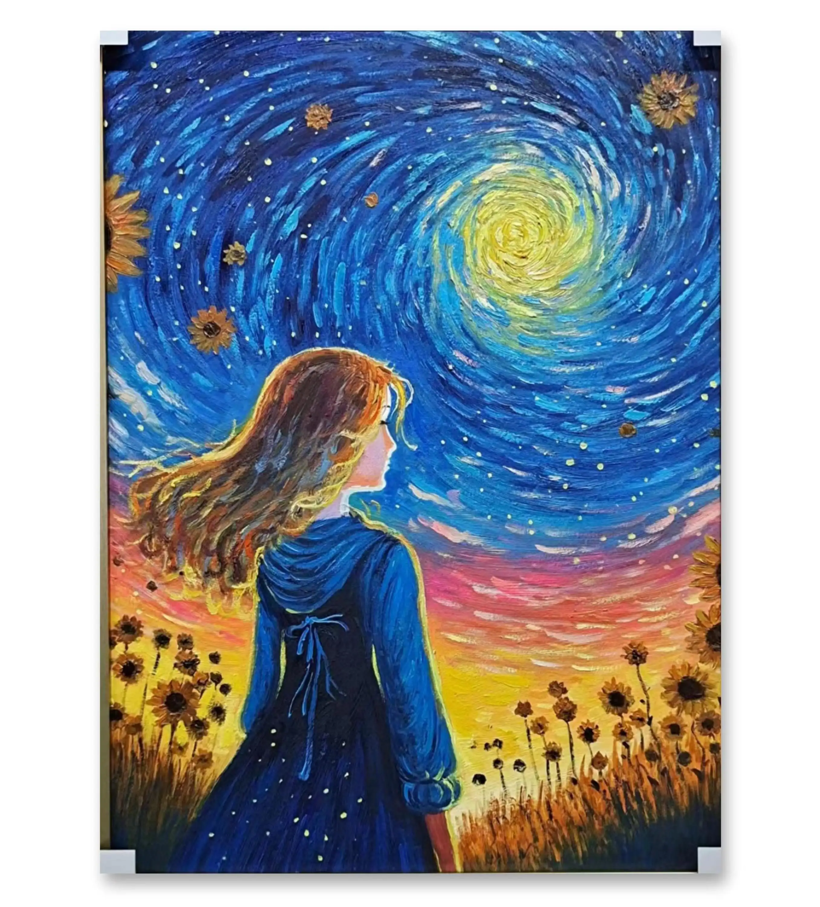 لوحة تجريدية مصنوعة يدويًا رسومات بإطار أصلي مخصص أصلية سلسلة لوحات سماء مليئة بالنجوم فتاة ذات سماء مليئة بالنجوم