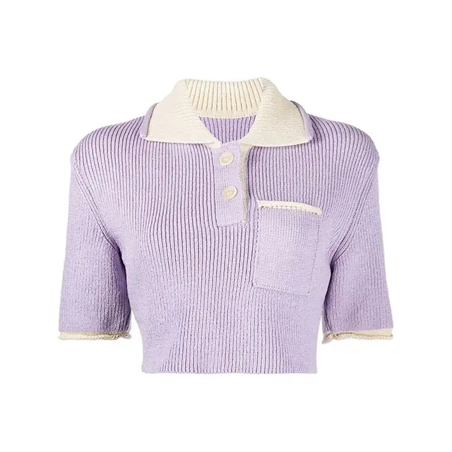 2023 custom Purple ribbed knit polo neck tops short sleeve women's summer knitwear