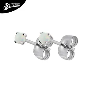 Superstar 316L stainless steel stud earrings prong setting white opal with butterfly plug body piercing jewelry ear stud